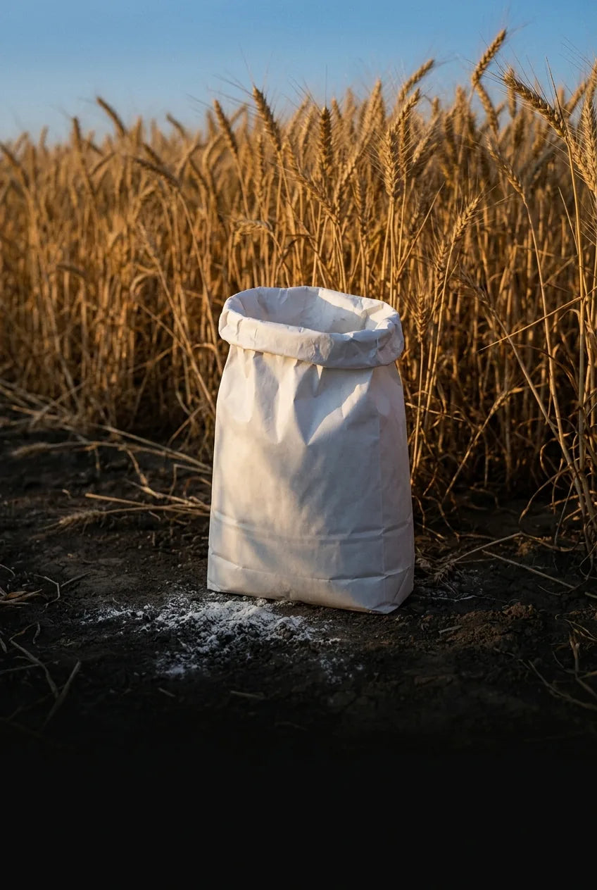 Campo de trigo y una bolsa de harina blanca